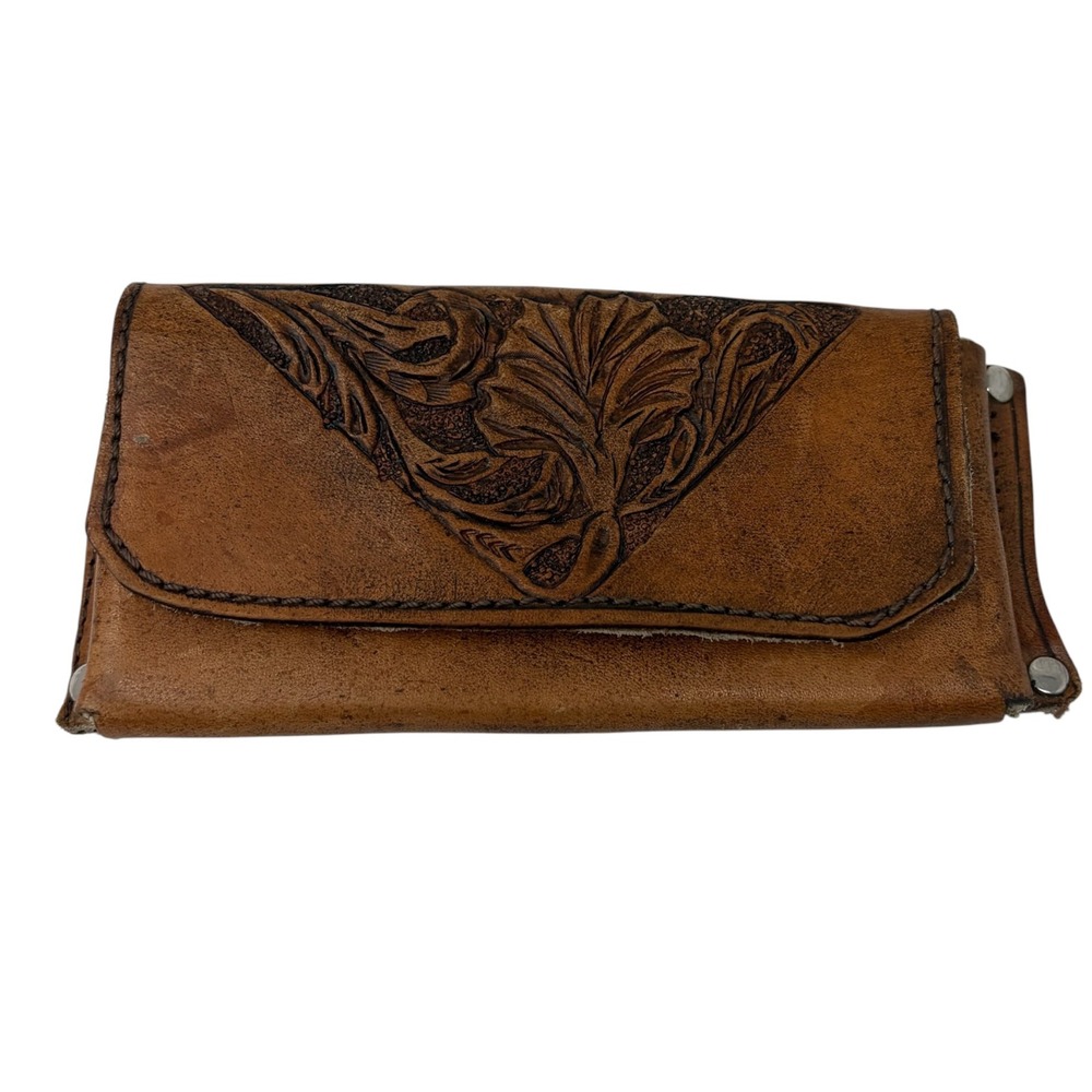 Vintage Hand Tooled Leather Belt Pouch Brown Floral Western Utility Clip Case